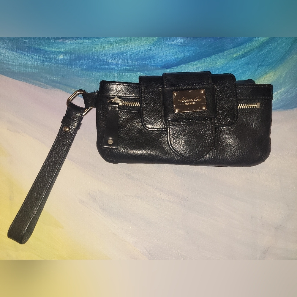 Kenneth Cole Leather Black Zippered Flap Clutch Wristlet